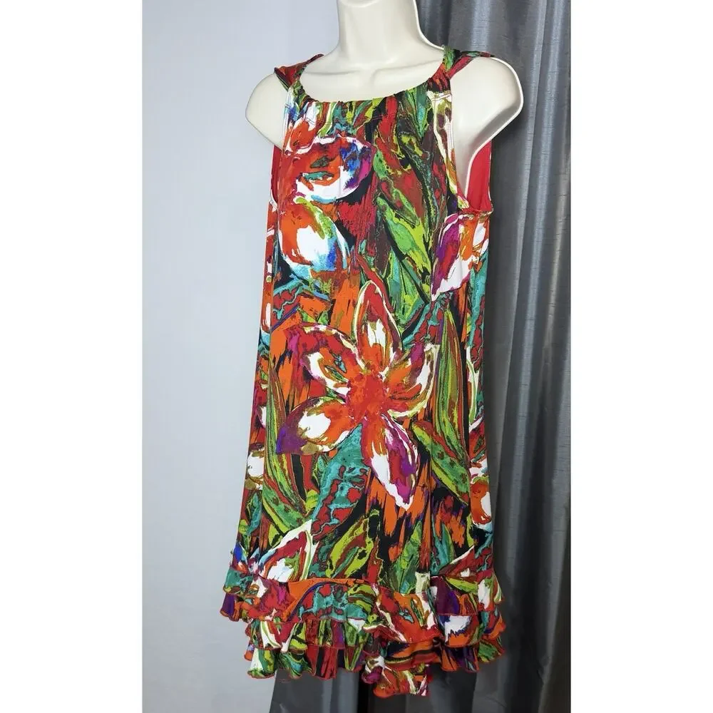 R&K Originals Women's Halter Mini Dress Medium Ruffle Hem Botanical Bold Print‎